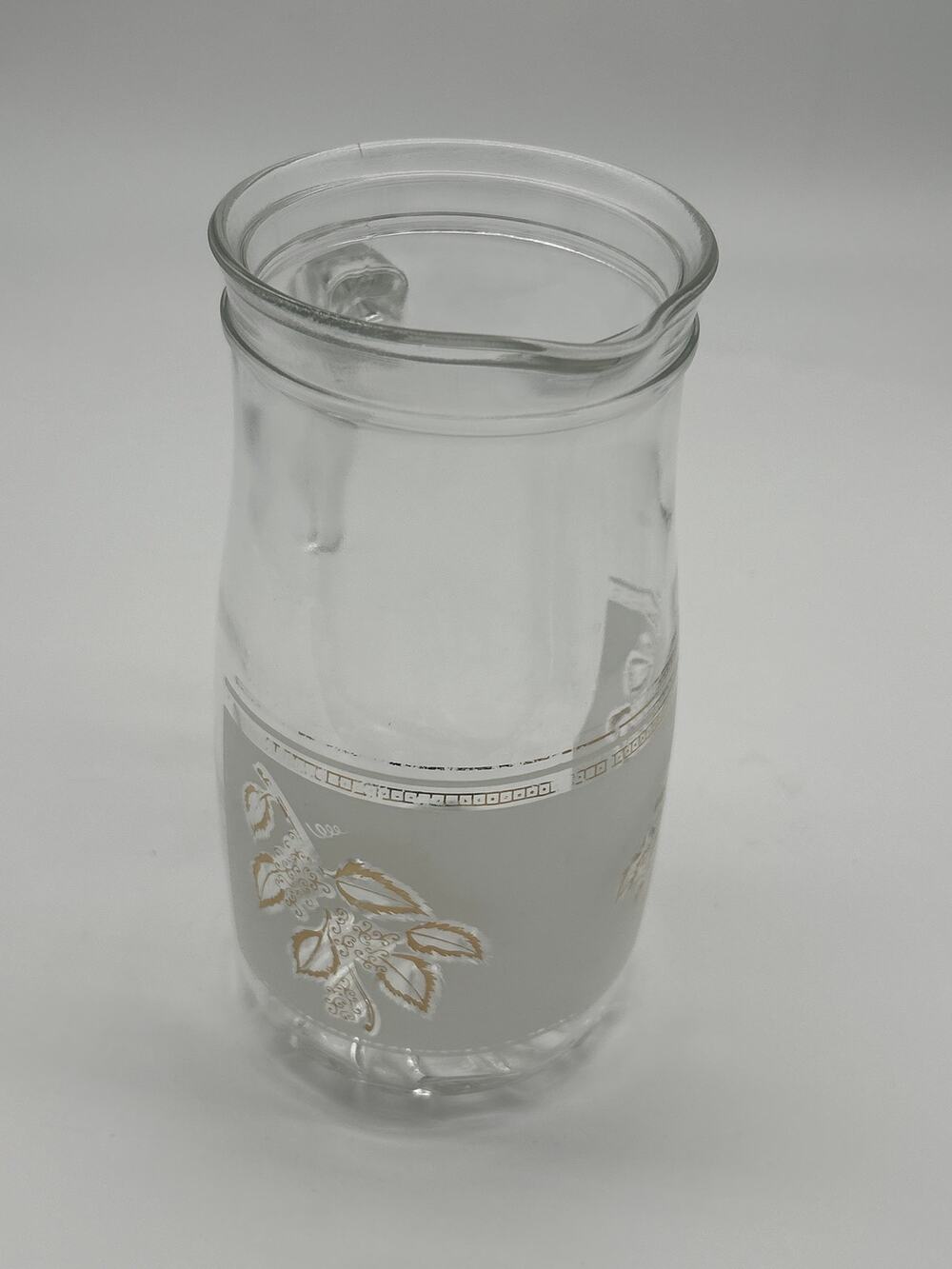 Vintage Frosted Glass Carafe Gold Leaf Pattern 8” Pitcher No Chips Handle MCM